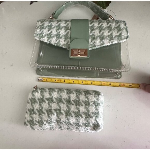 Houndstooth Handbag & Pouch Set - Green & White Pattern With Clear Accents - Picture 3 of 13